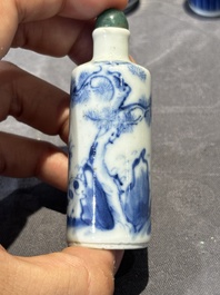 Nine Chinese blue and white snuff bottles, Kangxi and Qianlong mark, 19th C.