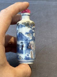 Two Chinese blue, white and copper-red snuff bottles and a blue and white 'crab' snuff bottle, Chenghua and Qianlong mark, 19th C.