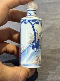 Four Chinese blue, white and copper-red snuff bottles and a blue and white snuff bottle, 19/20th C.
