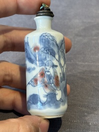Three Chinese blue, white and copper-red snuff bottles, Yongzheng mark, 19/20th C.