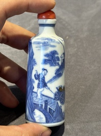 Two Chinese blue and white snuff bottles and a blue, white and copper-red snuff bottle, Yongzheng mark, 19th C.