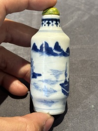 Nine Chinese blue and white snuff bottles, Kangxi and Qianlong mark, 19th C.