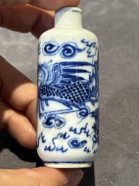 Nine Chinese blue and white snuff bottles, Kangxi and Qianlong mark, 19th C.