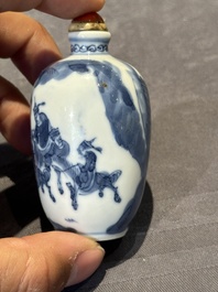 Two Chinese blue and white snuff bottles and a blue, white and copper-red snuff bottle, Yongzheng mark, 19th C.