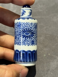 Nine Chinese blue and white snuff bottles, Kangxi and Qianlong mark, 19th C.