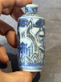 Four Chinese blue, white and copper-red snuff bottles, Yongzheng and Daoguang mark, 19th C.