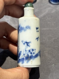 Nine Chinese blue and white snuff bottles, Kangxi and Qianlong mark, 19th C.