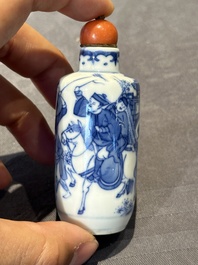 Two Chinese blue and white snuff bottles and a blue, white and copper-red snuff bottle, Yongzheng mark, 19th C.