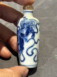 Nine Chinese blue and white snuff bottles, Kangxi and Qianlong mark, 19th C.