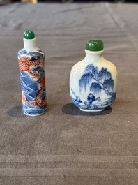 A Chinese blue and white 'figurative' snuff bottle and a blue, white and iron-red 'dragon' snuff bottle, Qianlong mark, 19th C.
