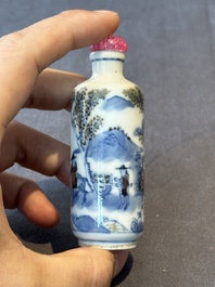 Two Chinese blue, white and copper-red snuff bottles and a blue and white 'crab' snuff bottle, Chenghua and Qianlong mark, 19th C.