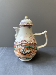 Four Chinese famille rose cups and saucers and an ewer with design of two horses, Qianlong