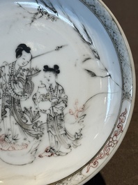 Six Chinese grisaille cups and saucers with Magu and a servant, Yongzheng/Qianlong