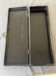 A fine rectangular Chinese lacquered and painted wooden box, signed Fen Yang Fu 汾陽府, dated 1669