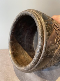 A Chinese Zitan wood 'chilong' brush pot, 17/18th C.