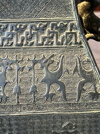 A Chinese archaistic bronze ritual wine vessel and cover in Western Zhou-style, 'fang hu 方壺', Ming