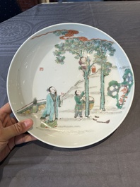 A Chinese famille verte celadon-glazed plate, Jiajing mark, Kangxi/Yongzheng
