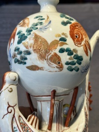 Two Chinese famille rose vases, two teapots and a Japanese wucai ewer, 19th C.