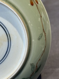 A Chinese famille verte celadon-glazed plate, Jiajing mark, Kangxi/Yongzheng