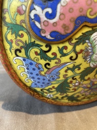 A Chinese yellow and blue-ground cloisonn&eacute; 'Shou' moonflask vase, 'bianhu', Jiaqing