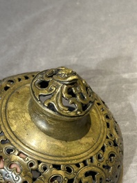 A Chinese imperial archaistic gold-splashed bronze censer and cover with chilong and 'shou' design, Xuande mark, 17th C.