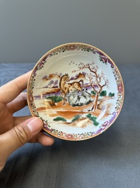 Four Chinese famille rose cups and saucers and an ewer with design of two horses, Qianlong
