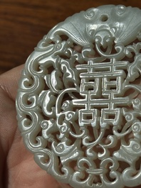Two Chinese white jade plaques with deer, bat and double happiness design, 19th C.