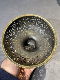 A Chinese imperial archaistic gold-splashed bronze censer and cover with chilong and 'shou' design, Xuande mark, 17th C.