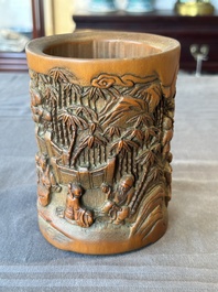 A Chinese carved bamboo 'Seven Sages of the Bamboo Grove' brush pot, 19th C.