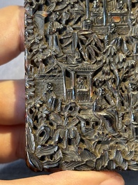 A Chinese jade carving, a tortoiseshell card holder and an iron-red snuff bottle, 19th C.