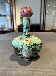 A Chinese famille rose turquoise-ground 'dragon' flower vase, 19th C.