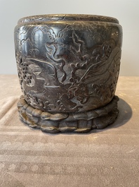 A Chinese Zitan wood 'chilong' brush pot, 17/18th C.