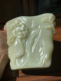 A Chinese white jade 'pine tree' brush pot, Qianlong
