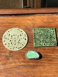 A Chinese jade 'dragon' plaque, a 'double-happiness' plaque and a jade inset silver brooch, 19th C.