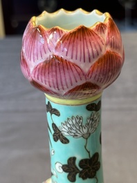 A Chinese famille rose turquoise-ground 'dragon' flower vase, 19th C.
