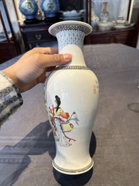 Two Chinese famille rose vases, two teapots and a Japanese wucai ewer, 19th C.