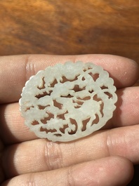 Two Chinese white jade plaques with deer, bat and double happiness design, 19th C.