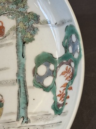 A Chinese famille verte celadon-glazed plate, Jiajing mark, Kangxi/Yongzheng