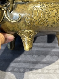 A Chinese imperial archaistic gold-splashed bronze censer and cover with chilong and 'shou' design, Xuande mark, 17th C.