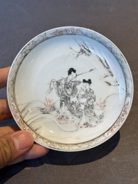 Six Chinese grisaille cups and saucers with Magu and a servant, Yongzheng/Qianlong