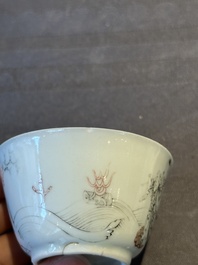 Six Chinese grisaille cups and saucers with Magu and a servant, Yongzheng/Qianlong