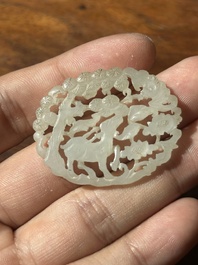 Two Chinese white jade plaques with deer, bat and double happiness design, 19th C.