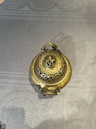 A Chinese imperial archaistic gold-splashed bronze censer and cover with chilong and 'shou' design, Xuande mark, 17th C.