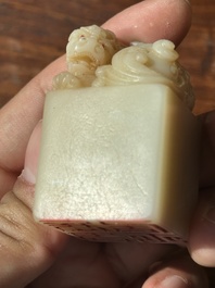 A Chinese shoushan stone 'Changchun Jushi 長春居士' seal with its original case, 18th C.