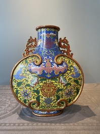 A Chinese yellow and blue-ground cloisonn&eacute; 'Shou' moonflask vase, 'bianhu', Jiaqing