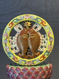 A rare Chinese famille rose Buddhist emblem altar ornament, Qianlong mark and of the period