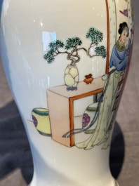 Two Chinese famille rose vases, two teapots and a Japanese wucai ewer, 19th C.