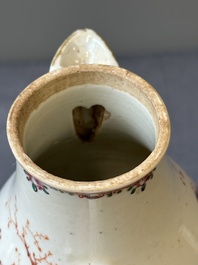 Four Chinese famille rose cups and saucers and an ewer with design of two horses, Qianlong