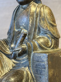 A rare Chinese parcel-gilt and lacquered pewter Guanyin, 17/18th C.