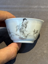 Six Chinese grisaille cups and saucers with Magu and a servant, Yongzheng/Qianlong